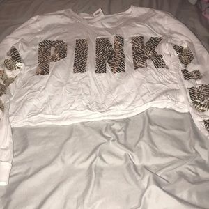 White & Gold PINK Long Sleeve Crop Top